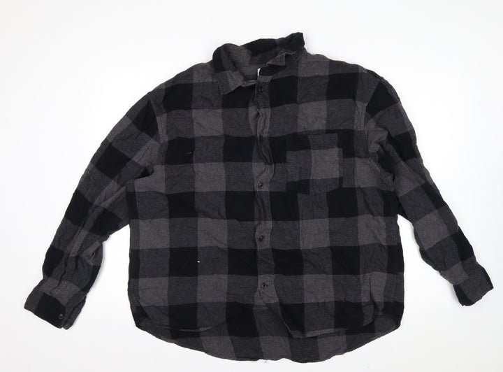 H&M Men’s Grey Black Check Cotton Button-Up Shirt XL Relaxed Fit