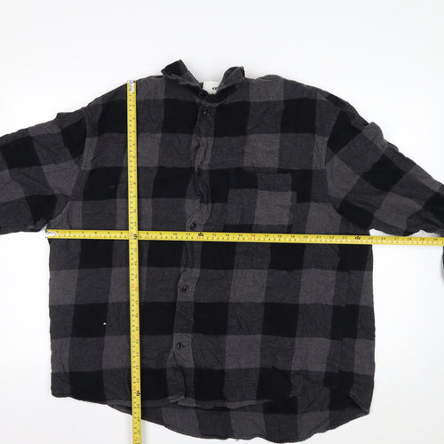 H&M Men’s Grey Black Check Cotton Button-Up Shirt XL Relaxed Fit