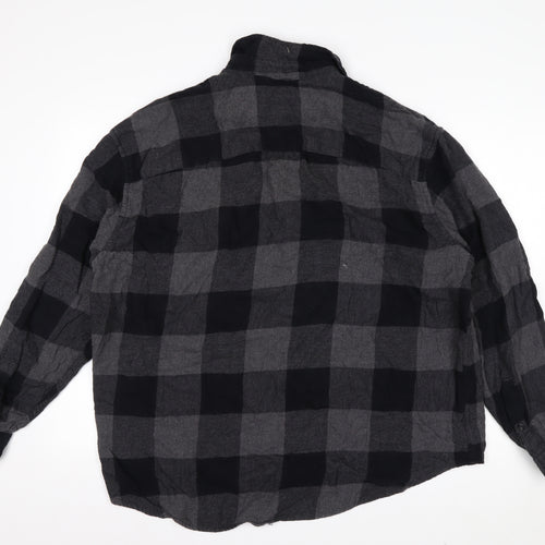 H&M Men’s Grey Black Check Cotton Button-Up Shirt XL Relaxed Fit