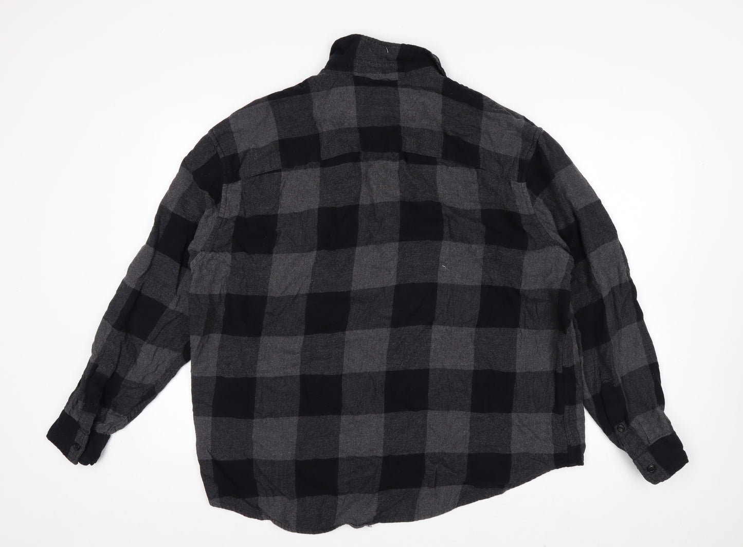 H&M Men’s Grey Black Check Cotton Button-Up Shirt XL Relaxed Fit