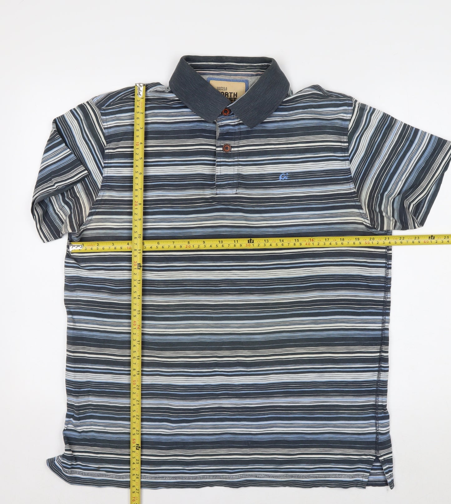 Marks and Spencer Men’s Blue Striped Cotton Short Sleeve Polo M