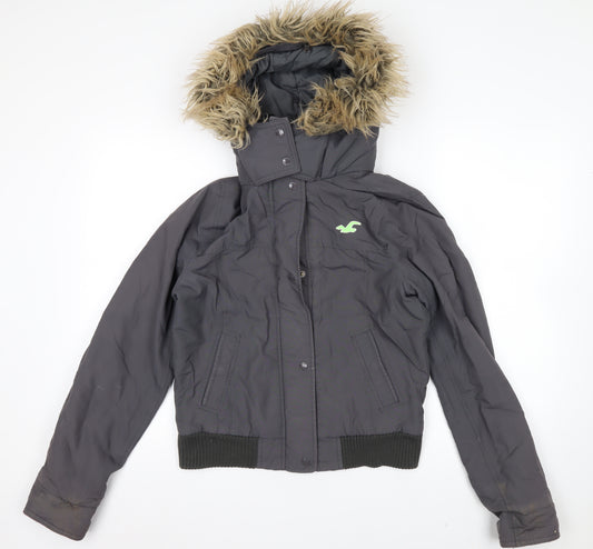 Hollister Women’s Grey Fur Hooded Puffer Jacket Size M