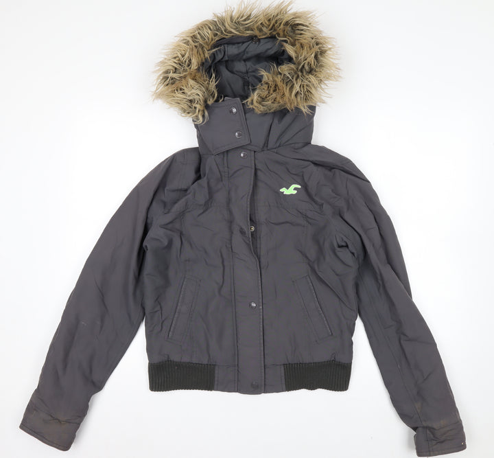 Hollister Women’s Grey Fur Hooded Puffer Jacket Size M