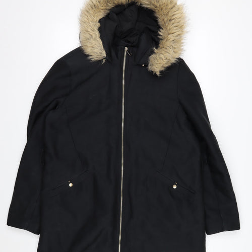 Mango Women’s Black Faux Fur Trim Parka Coat Size 16