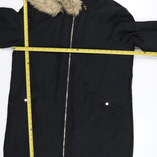 Mango Women’s Black Faux Fur Trim Parka Coat Size 16