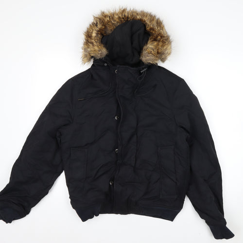 Next Men's Black XS Puffer Jacket with Faux Fur Hood Winter Coat