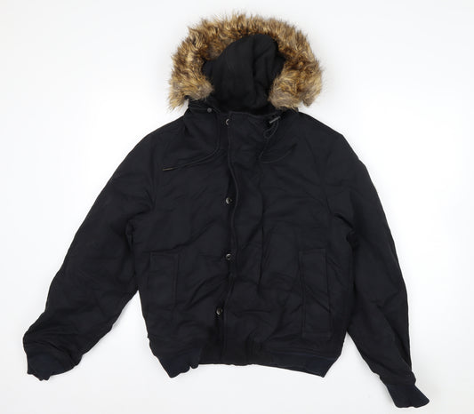 Next Men's Black XS Puffer Jacket with Faux Fur Hood Winter Coat