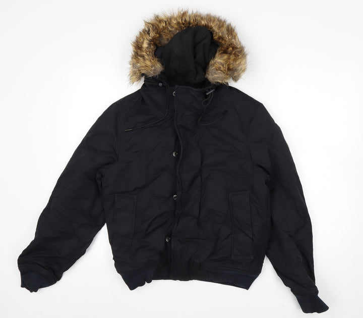 Next Men's Black XS Puffer Jacket with Faux Fur Hood Winter Coat