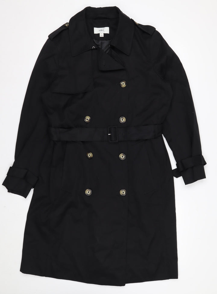 Marks and Spencer Women's Black Trench Coat Size 14 Belted Long Classic