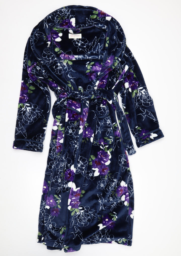 Sleepwear Womens Blue Floral Velour Hooded Robe Size S