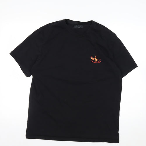 Bershka Mens Black Graphic Skull Fire Short Sleeve Cotton T-Shirt M