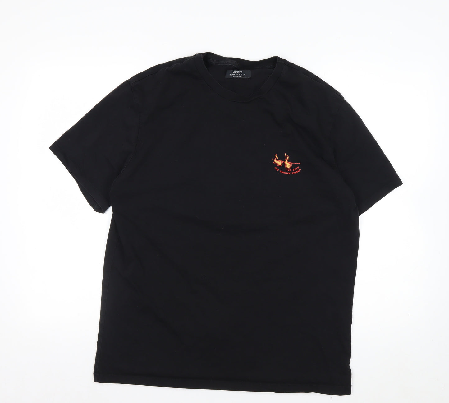 Bershka Mens Black Graphic Skull Fire Short Sleeve Cotton T-Shirt M