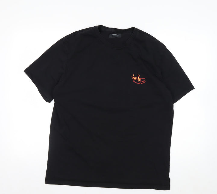 Bershka Mens Black Graphic Skull Fire Short Sleeve Cotton T-Shirt M