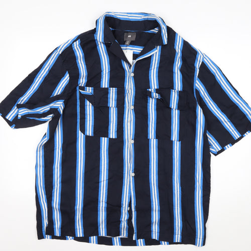 H&M Men’s Navy Blue Striped Lyocell Button-Up Shirt L