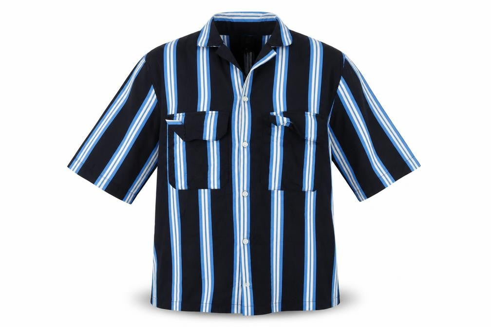 Front view of H&M Men’s Navy Blue Striped Lyocell Button-Up Shirt L