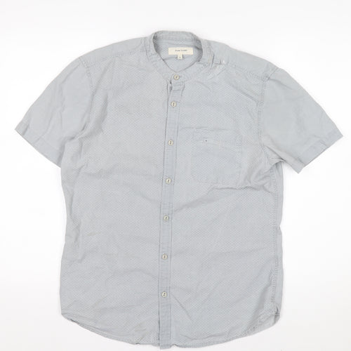 River Island Men's Grey Polka Dot Short Sleeve Band Collar Cotton Shirt S