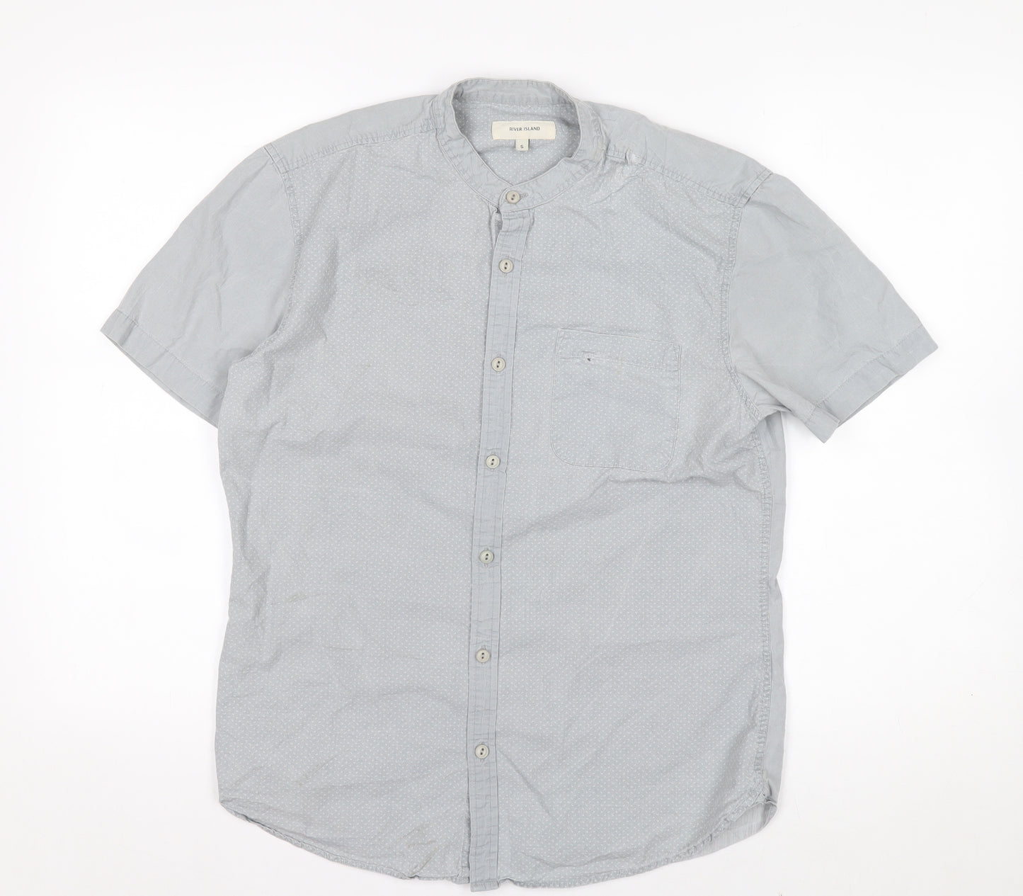 River Island Men's Grey Polka Dot Short Sleeve Band Collar Cotton Shirt S