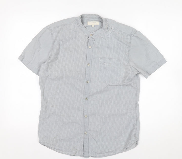 River Island Men's Grey Polka Dot Short Sleeve Band Collar Cotton Shirt S
