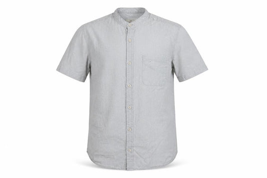 Front view of River Island Men's Grey Polka Dot Short Sleeve Band Collar Cotton Shirt S