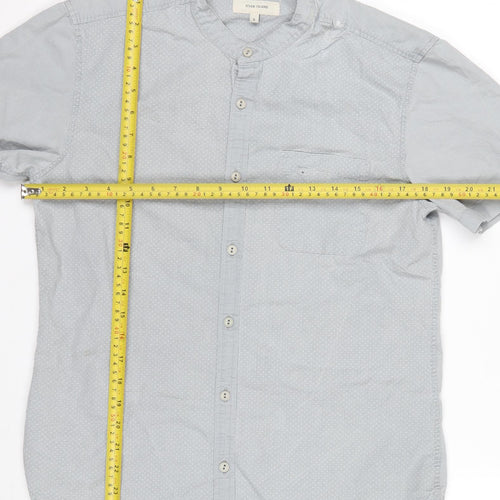 River Island Men's Grey Polka Dot Short Sleeve Band Collar Cotton Shirt S