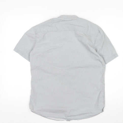 River Island Men's Grey Polka Dot Short Sleeve Band Collar Cotton Shirt S