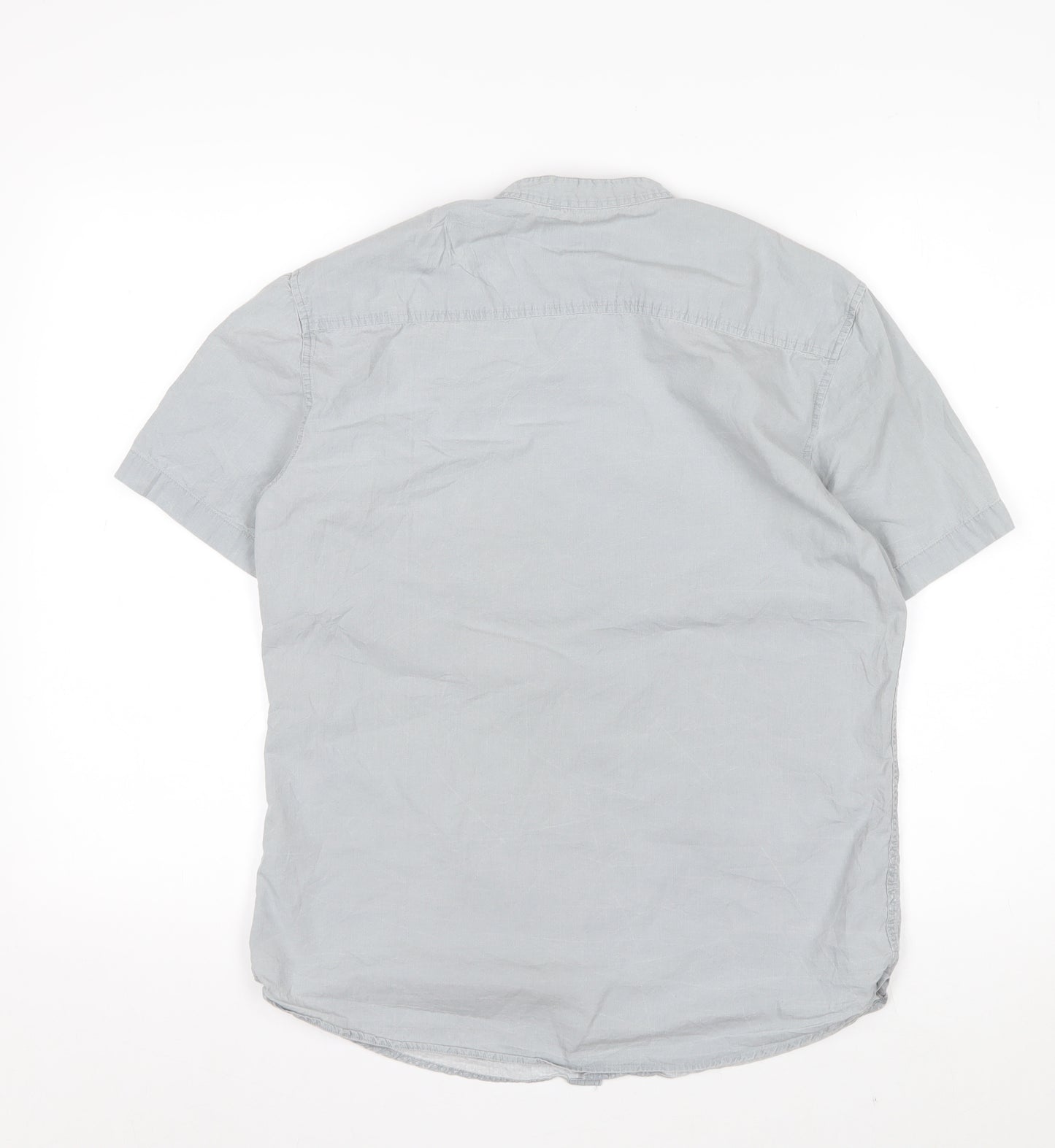 River Island Men's Grey Polka Dot Short Sleeve Band Collar Cotton Shirt S