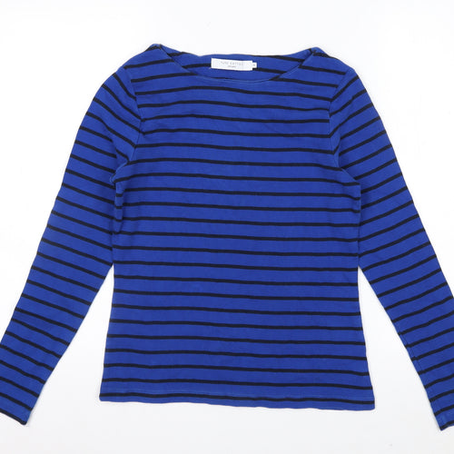John Lewis Women Blue Striped Cotton Long Sleeve Boat Neck Top Size 10