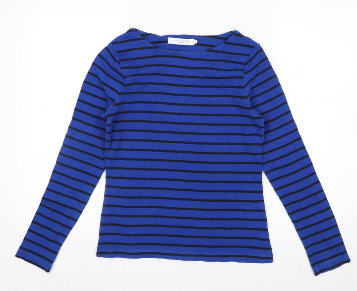 John Lewis Women Blue Striped Cotton Long Sleeve Boat Neck Top Size 10