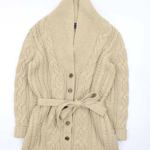 Lands' End Women's Beige Wool Cable Knit Belted Cardigan Size S