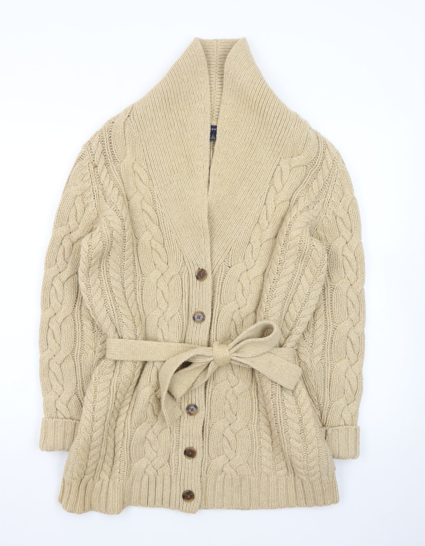 Lands' End Women's Beige Wool Cable Knit Belted Cardigan Size S