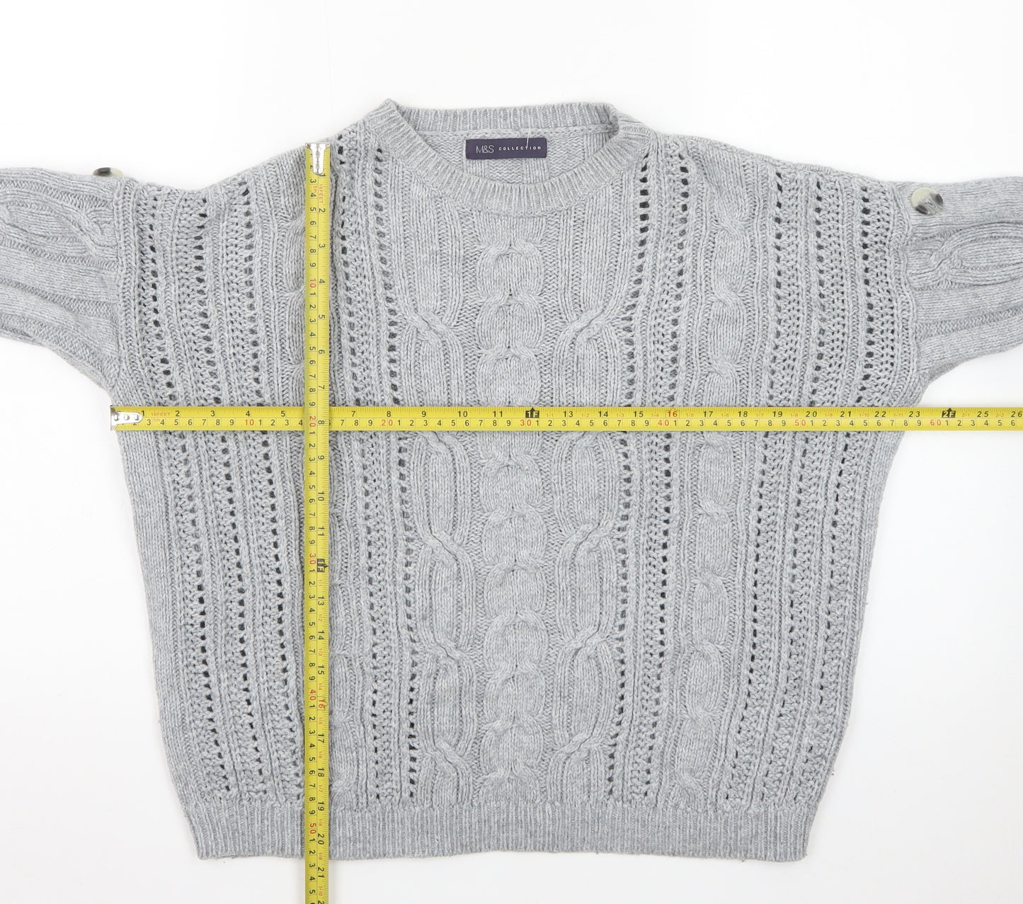 Marks and Spencer Women Grey Cable-Knit Wool Blend Jumper Size 14