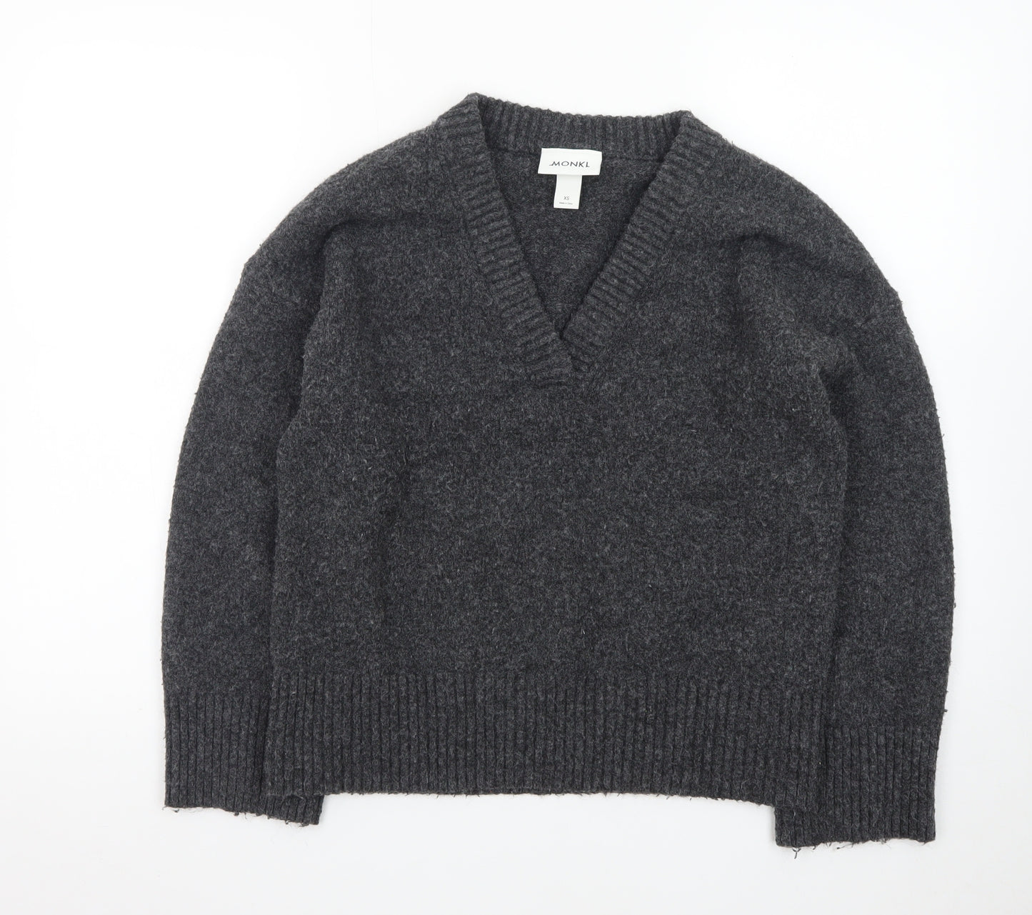 Monki Womens Grey Wool Blend V-Neck Chunky Knit Jumper XS