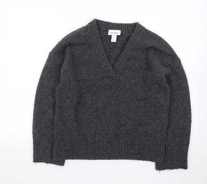Monki Womens Grey Wool Blend V-Neck Chunky Knit Jumper XS