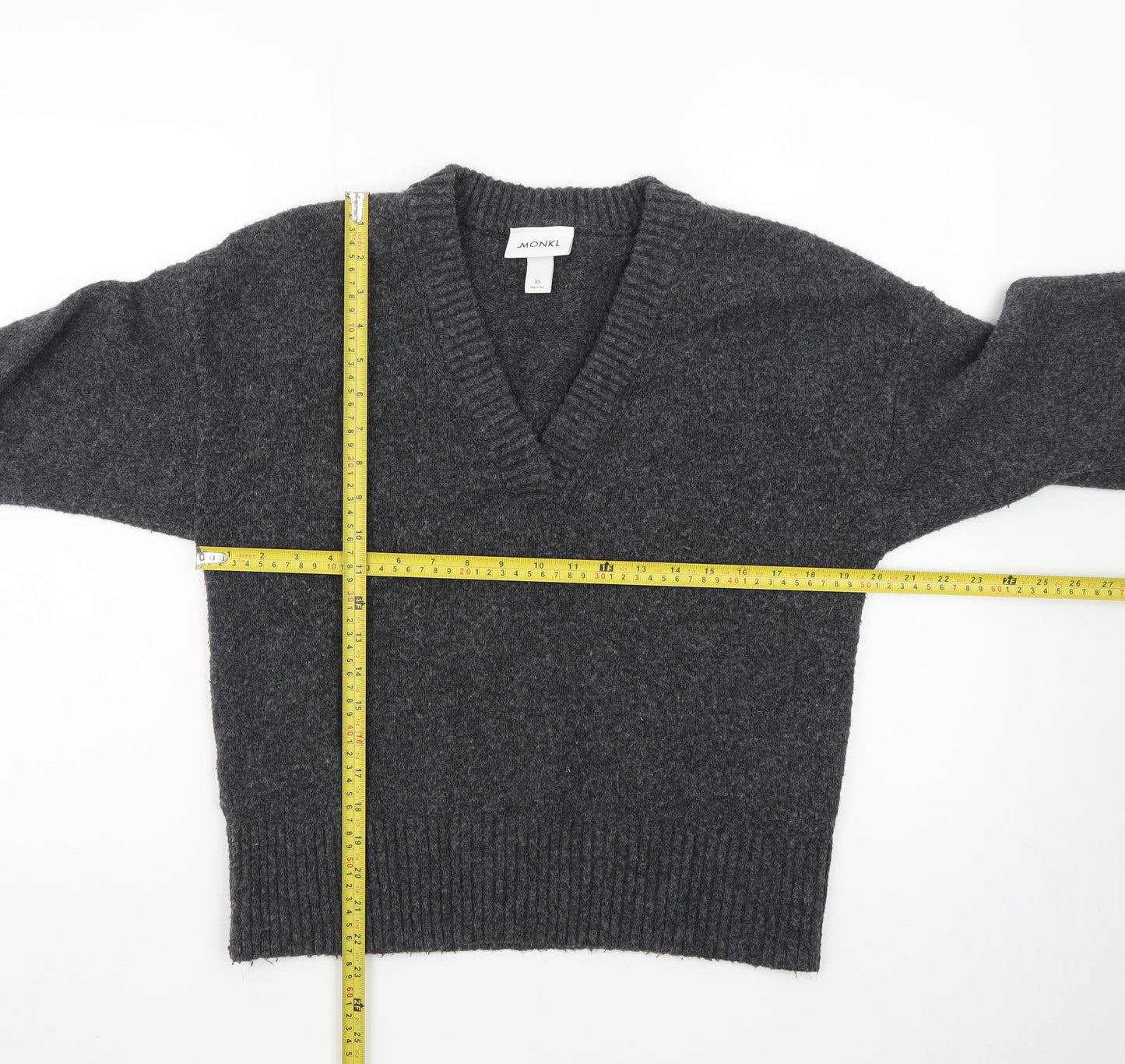 Monki Womens Grey Wool Blend V-Neck Chunky Knit Jumper XS
