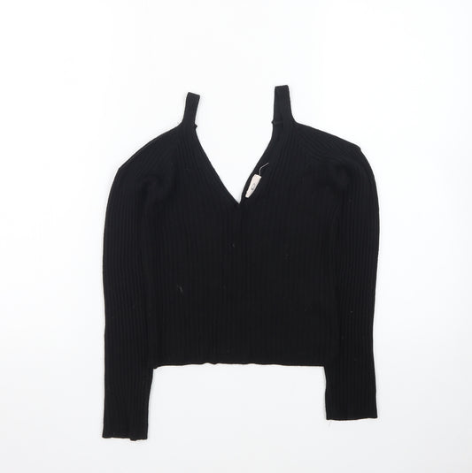Pins and Needles Womens Black Cropped Knit V-Neck Top S