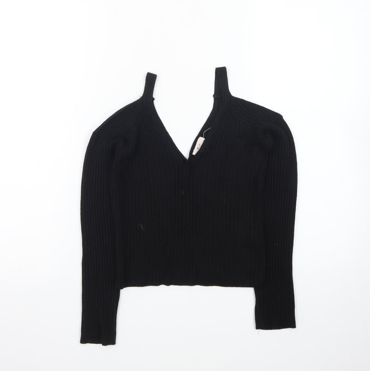 Pins and Needles Womens Black Cropped Knit V-Neck Top S