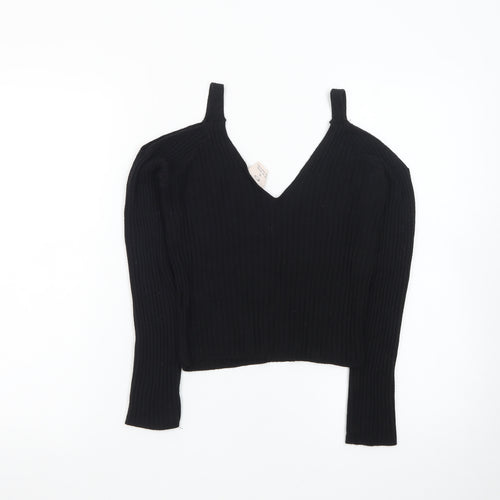 Pins and Needles Womens Black Cropped Knit V-Neck Top S