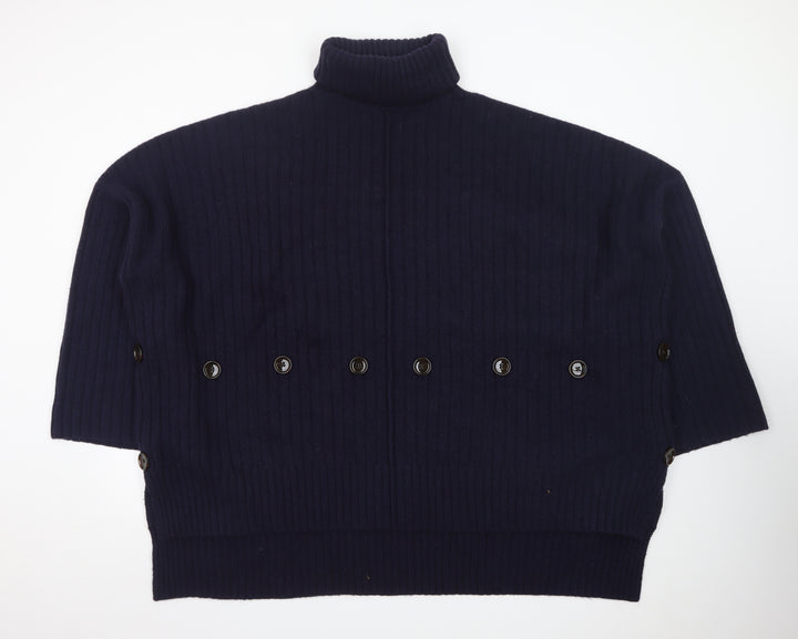 Joseph Women Blue Wool Roll Neck Ribbed Jumper Size M