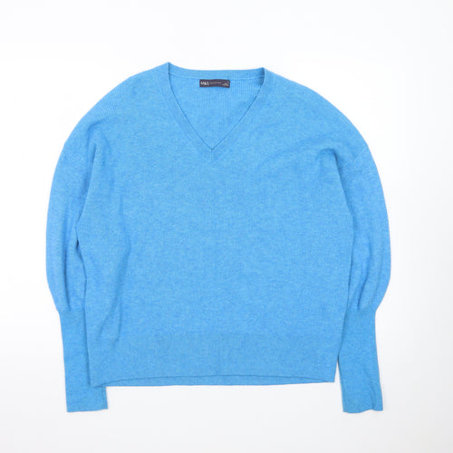 Marks and Spencer Women Blue V-Neck Cashmere Jumper Medium
