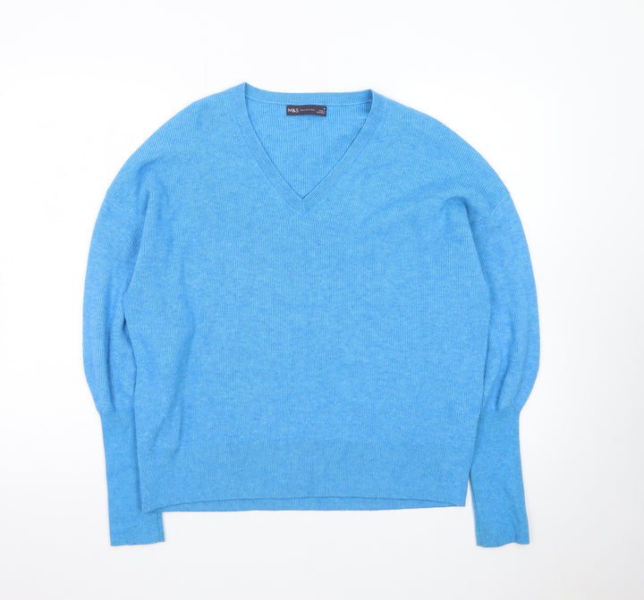 Marks and Spencer Women Blue V-Neck Cashmere Jumper Medium