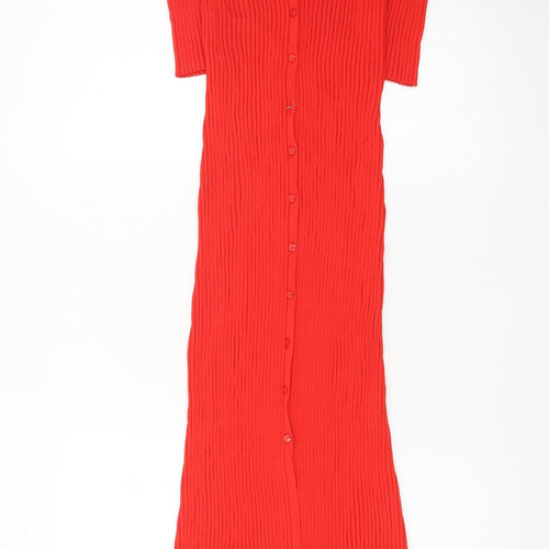 Zara Women Red Bodycon Long Ribbed Button Dress Size 12