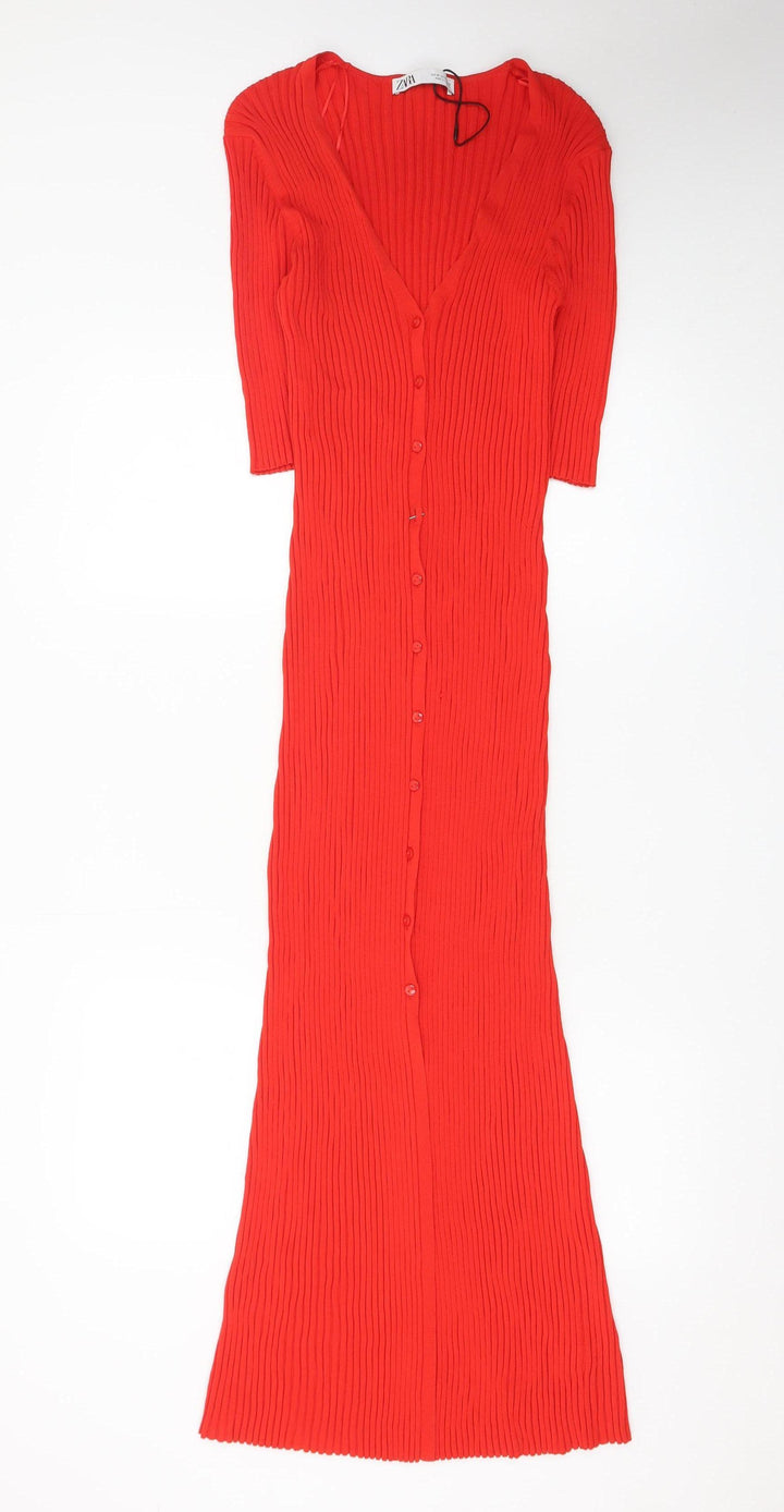 Zara Women Red Bodycon Long Ribbed Button Dress Size 12