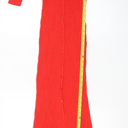 Zara Women Red Bodycon Long Ribbed Button Dress Size 12