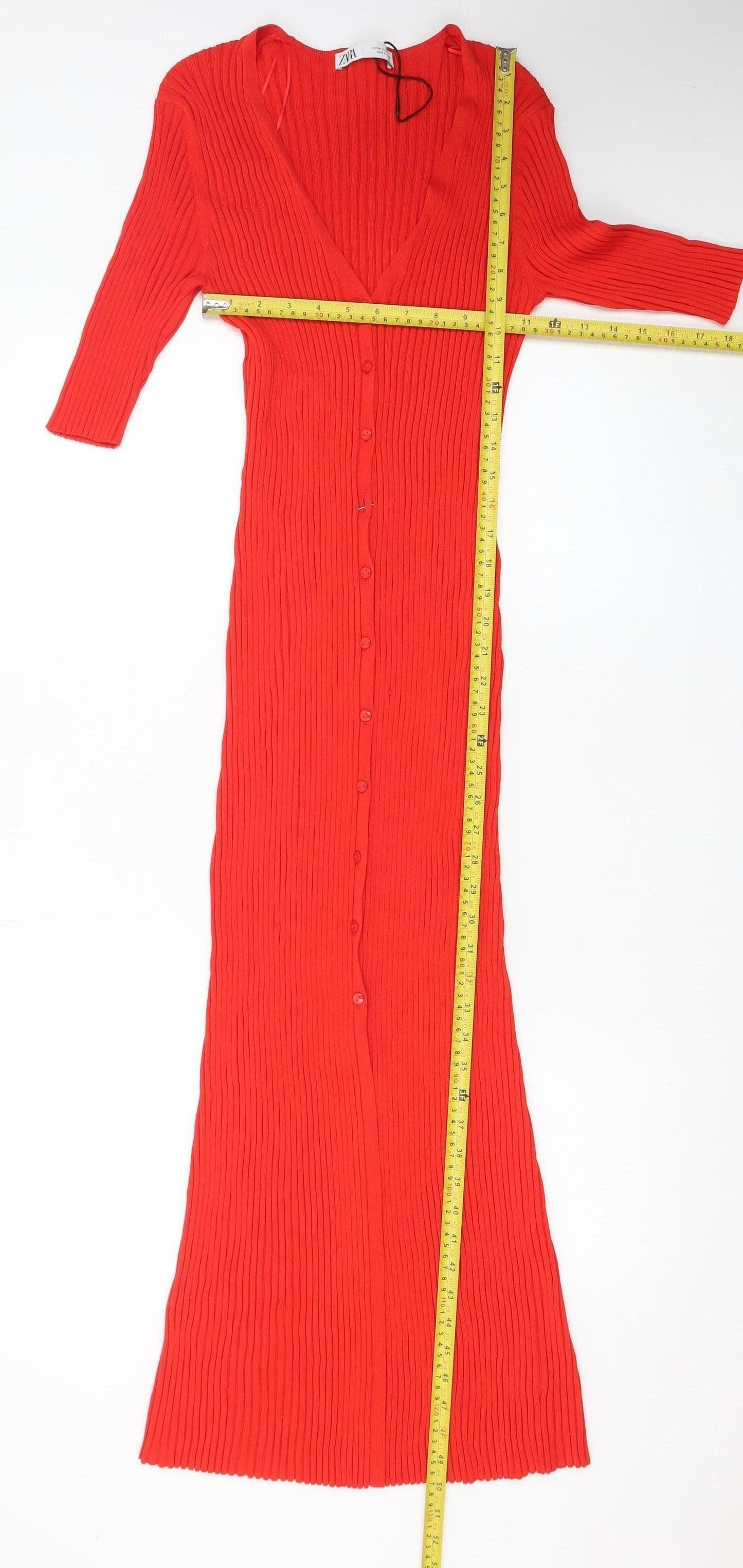Zara Women Red Bodycon Long Ribbed Button Dress Size 12