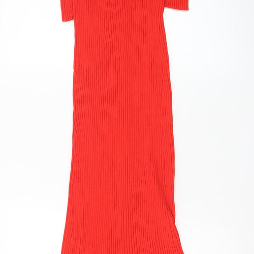 Zara Women Red Bodycon Long Ribbed Button Dress Size 12