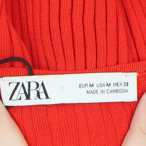 Zara Women Red Bodycon Long Ribbed Button Dress Size 12