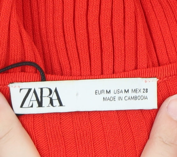 Zara Women Red Bodycon Long Ribbed Button Dress Size 12