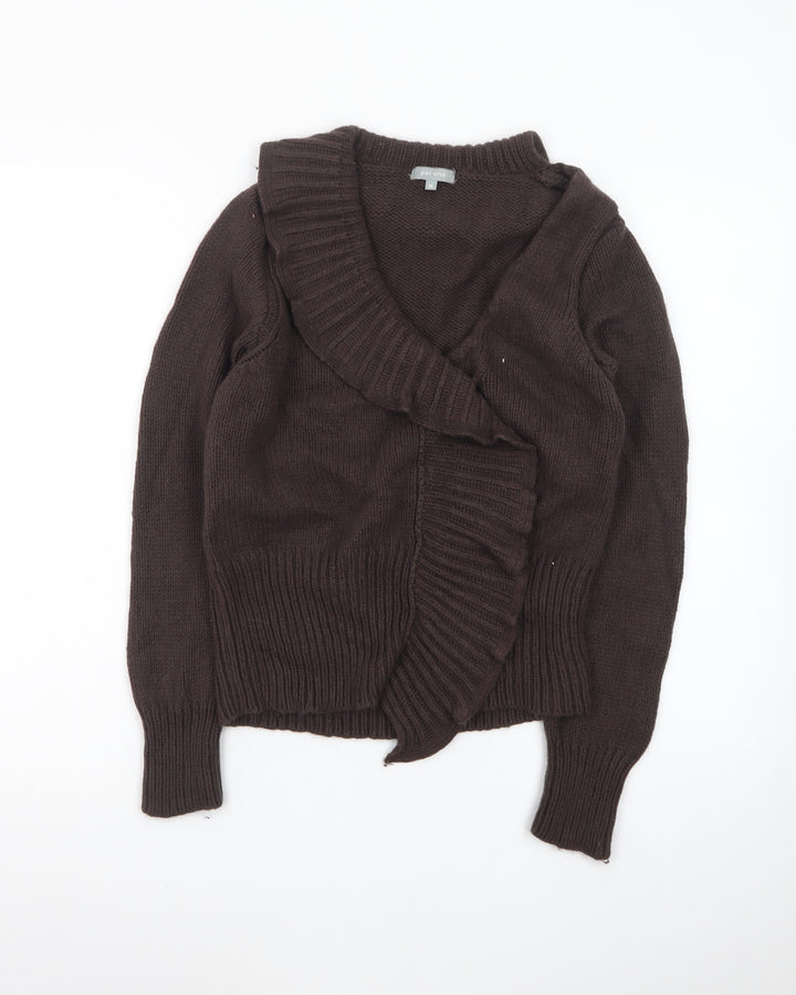 Marks and Spencer Women Brown Ruffle V-Neck Knit Cardigan Size M