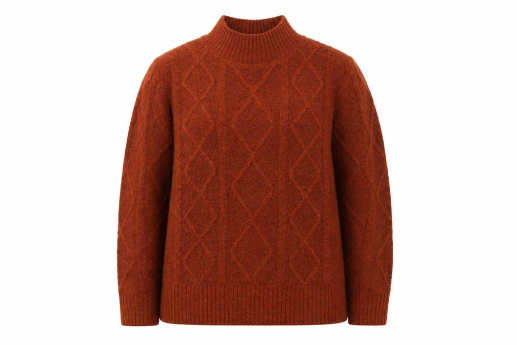 Front view of ISLE Women's Brown Mock Neck Cable-Knit jumper, size L, 18-20