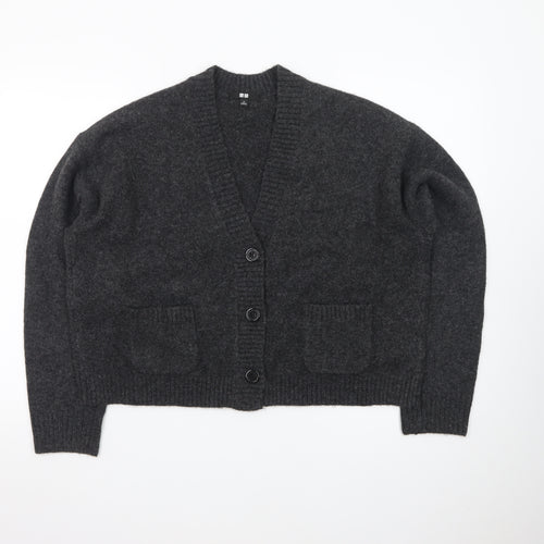 Uniqlo Women Grey Wool V-Neck Cardigan S Relaxed Fit Knitwear